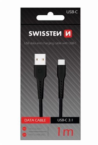 Swissten adat- és töltőkábel gumírozott, USB/Type-C, 1m fekete